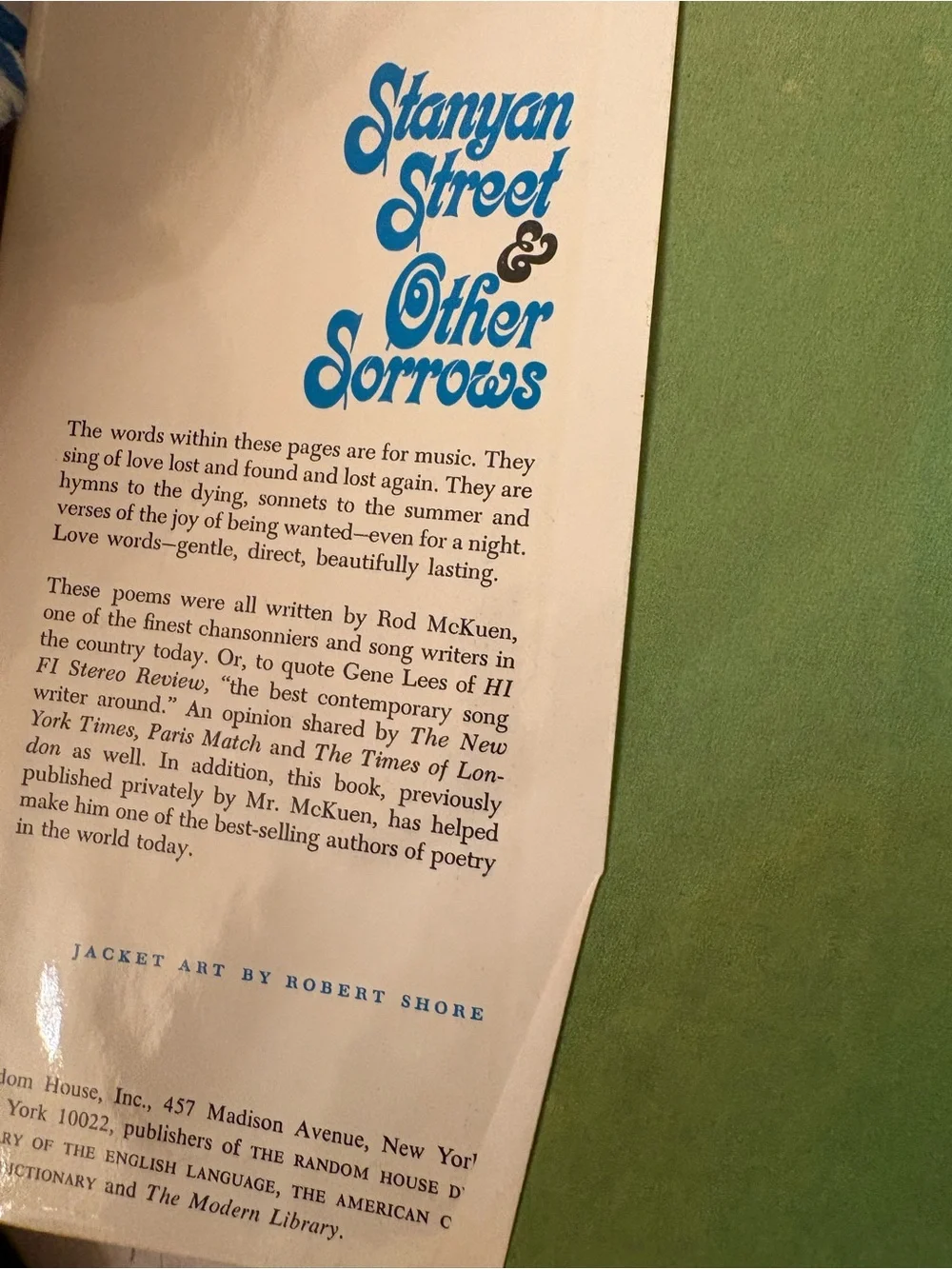 Rod McKuen Stanyan Street & Other Sorrows - Blue Hardcover Journal/Notebook